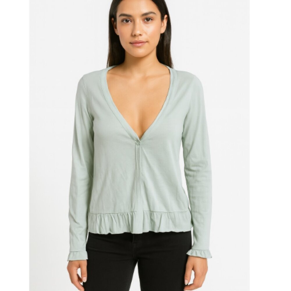 Green Long Sleeves Cardigan Top M with Mesh Details in Hem Knitted & Knotted